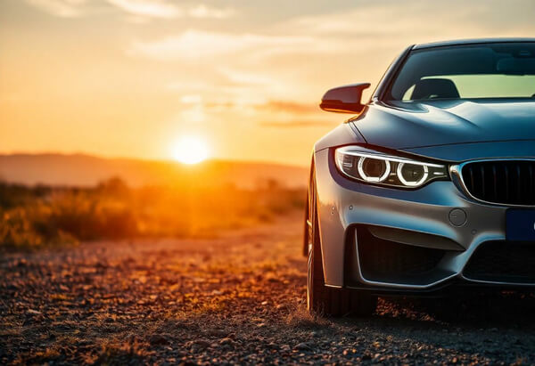 luxury car in a sunset setting